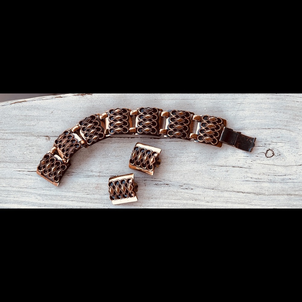 Vintage Copper Bracelet & Clip Earrings